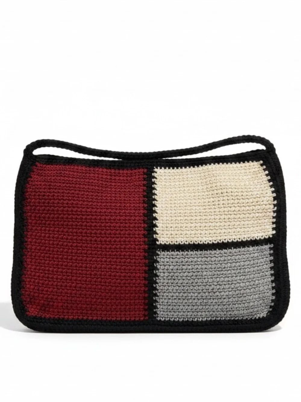 The Sak Woven Crochet Shoulder Bag Red Cream Gray Colorblock Boho Zip Purse